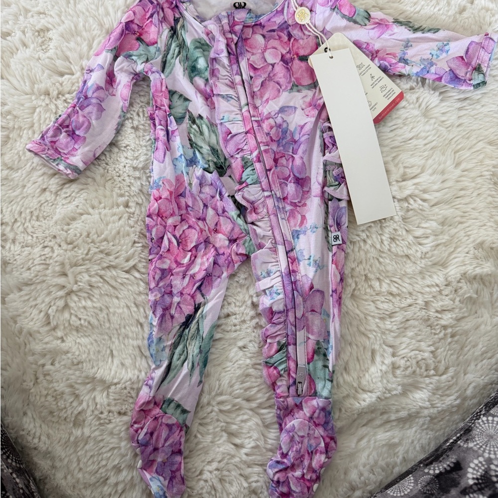Bums & Roses Newborn Ruffle Zipper Romper - Pink Floral - Picture 2 of 3